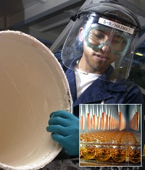 Worker handling a bucket wearing gloves and eye protection; inset image represents high-throughput liquid handling