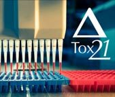 High-throughput toxicity testing pipettes with Tox21 logo superimposed on background