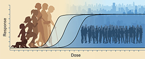 Collage image with chemical dose-response curve and representations of a diverse human population