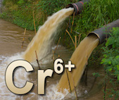 Brown water pouring from large metal pipes into a water reservoir with the text Cr6 plus on the bottom left of the photo