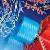 Composite image of bottle with simulated chemical strands exiting lid