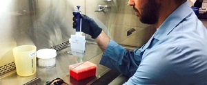 Male scientist using pipette