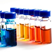 Glass vials containing different colored liquids
