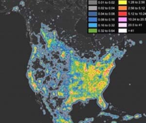 Map of the United States showing outdoor light at night