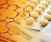 Composite image of chemical structures and medication