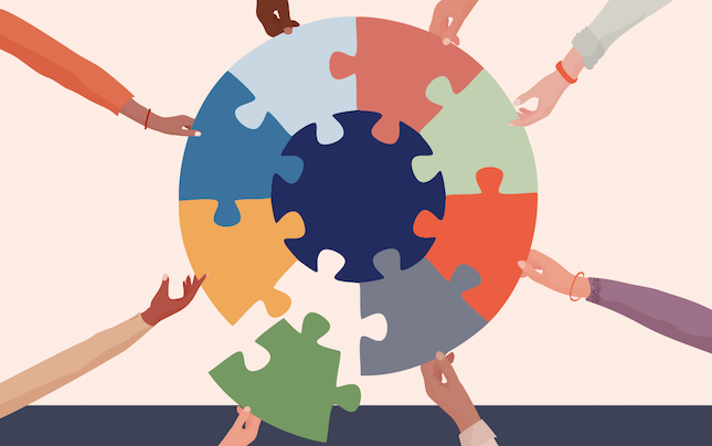 Group of hands pulling from synergistic science round puzzle