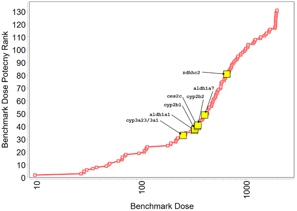 Figure F-2. Identification of Constitutive Androstane Receptor and Pregnane X Receptor-related Biomarker Genes within the Benchmark Dose Median Accumulation Plot of 123 Upregulated Genes in Rat Liver Following Tris(chloropropyl) Phosphate Exposure for Five Days
