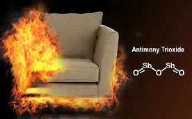 Composite image of a sofa on fire with antimony trioxide chemical formula